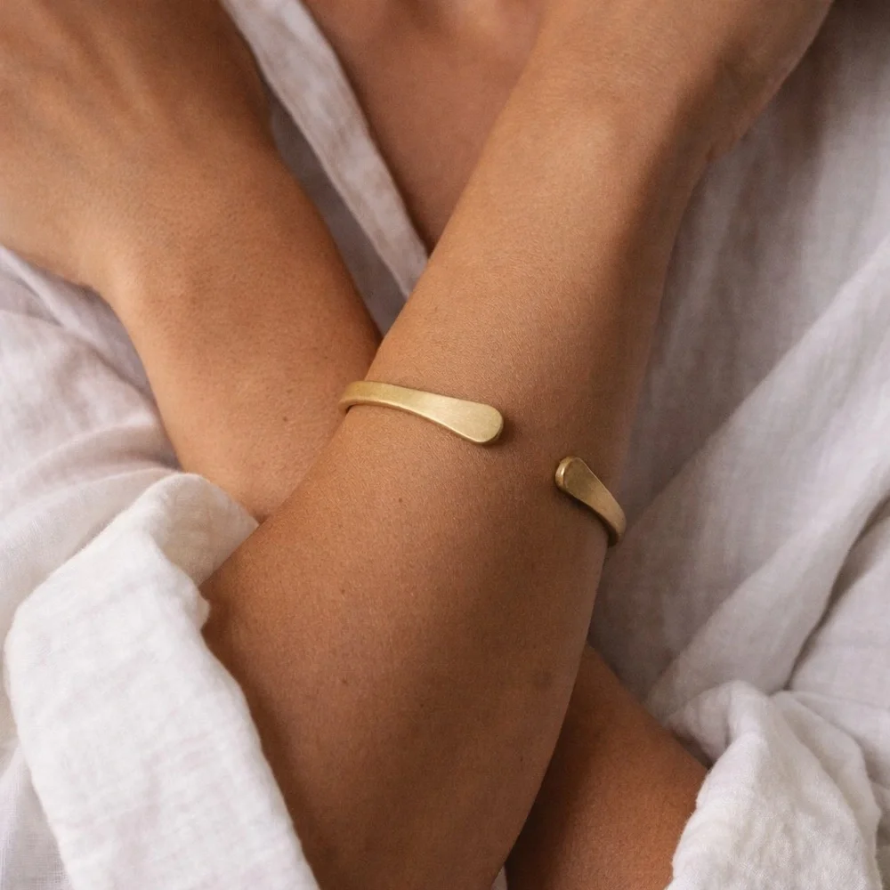 Pair Solid Brass Handmade Open Cuffs Paddle Terminal Artisan Minimalist Gold